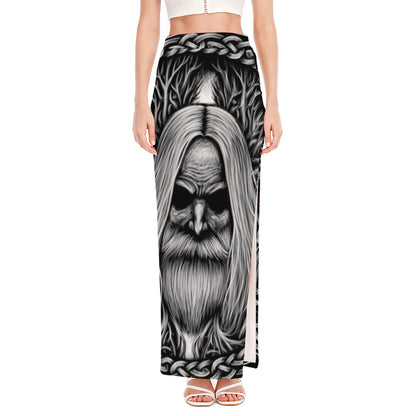 Black And White Odin With Crows Print High Slit Maxi Skirt