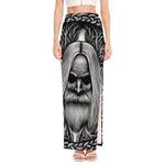 Black And White Odin With Crows Print High Slit Maxi Skirt