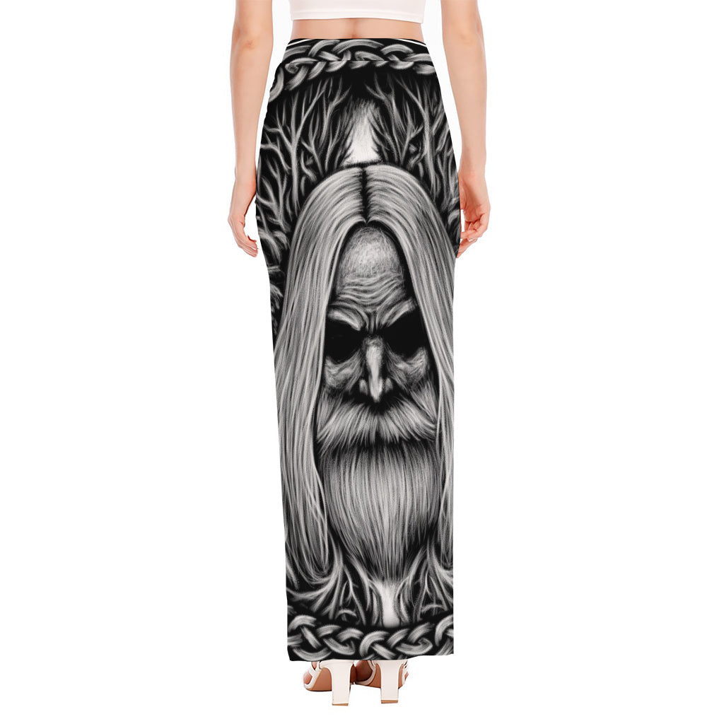 Black And White Odin With Crows Print High Slit Maxi Skirt