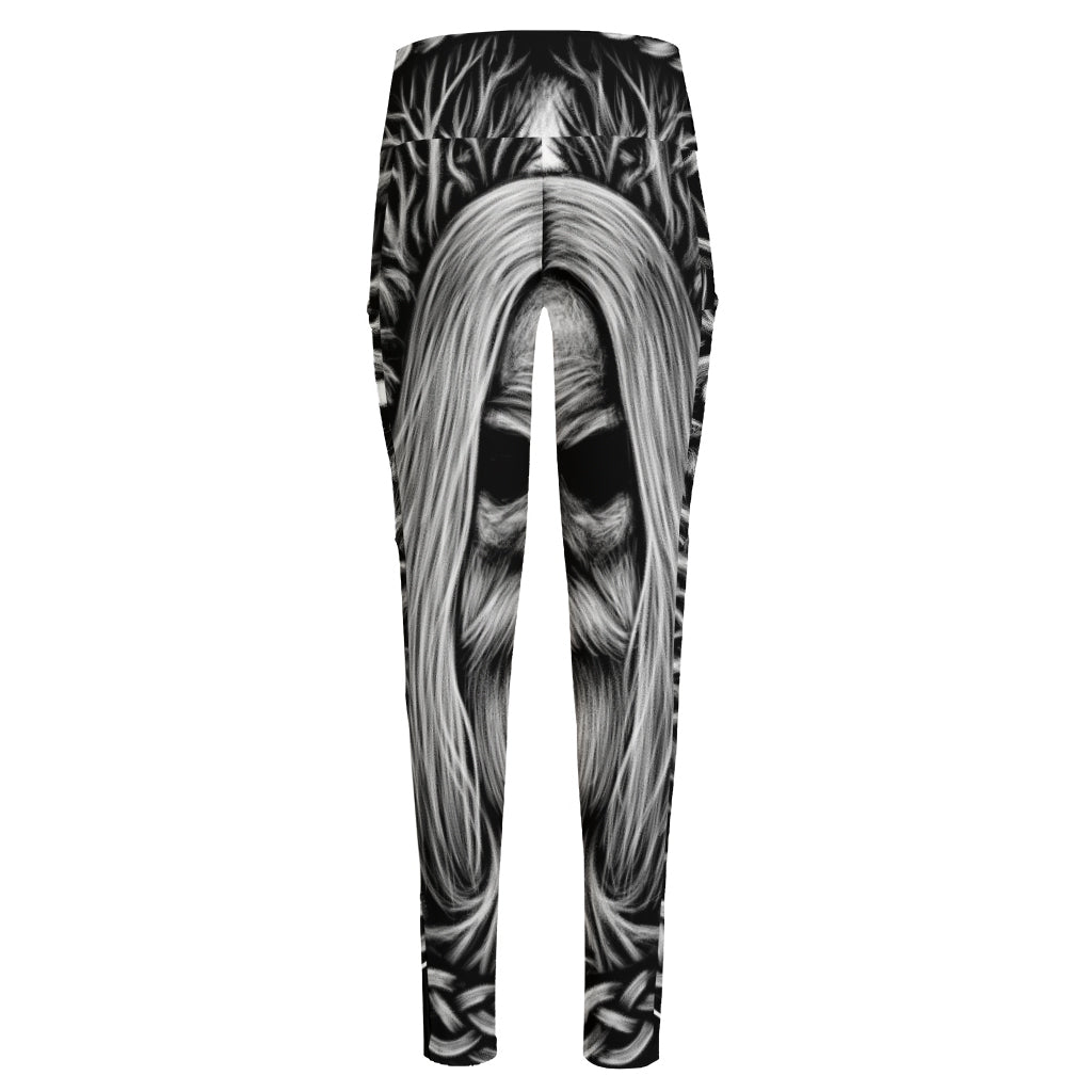 Black And White Odin With Crows Print High-Waisted Pocket Leggings
