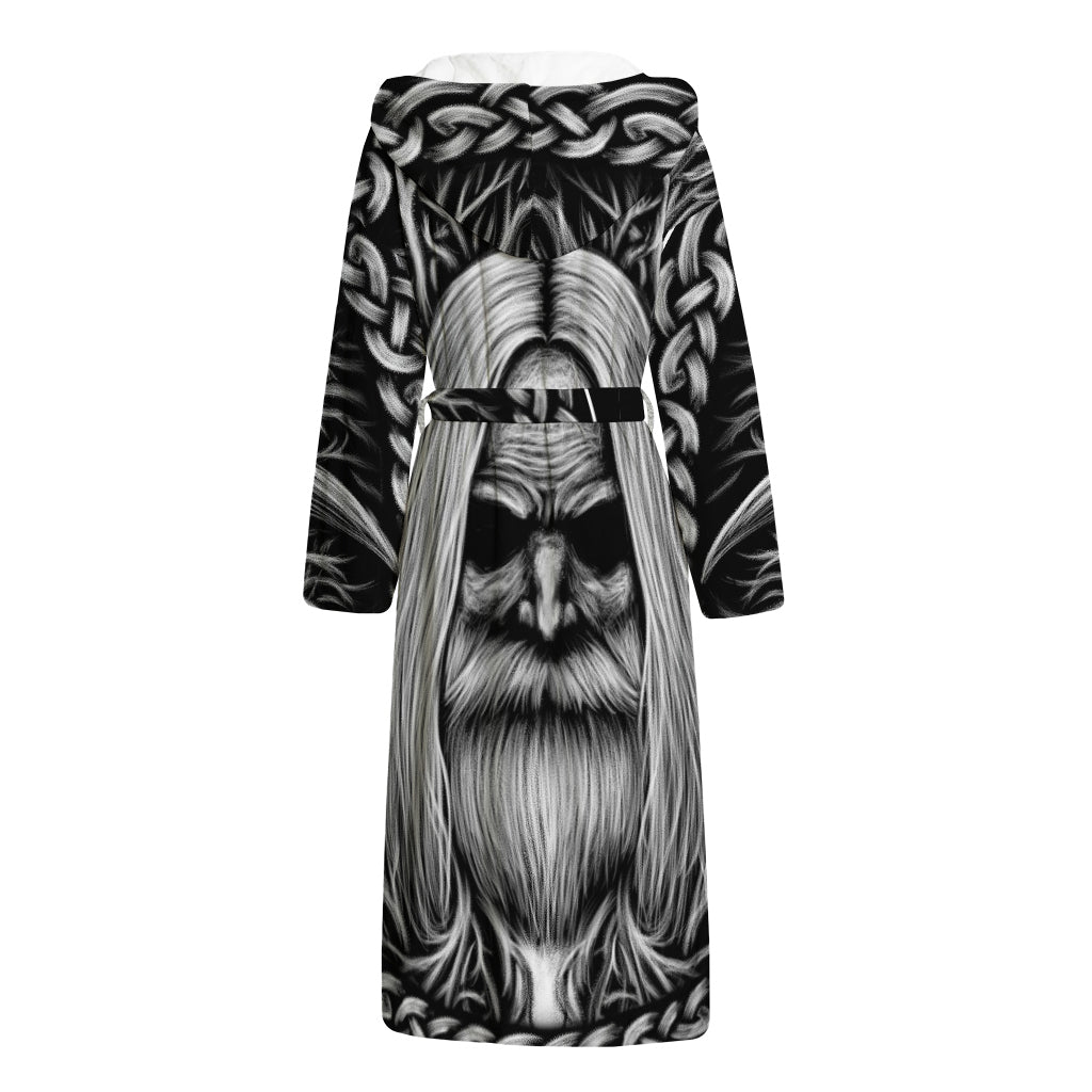 Black And White Odin With Crows Print Hooded Bathrobe