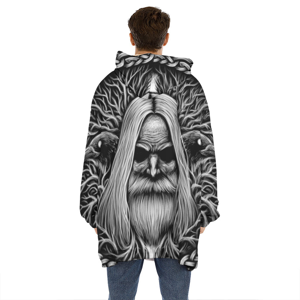 Black And White Odin With Crows Print Hoodie Blanket