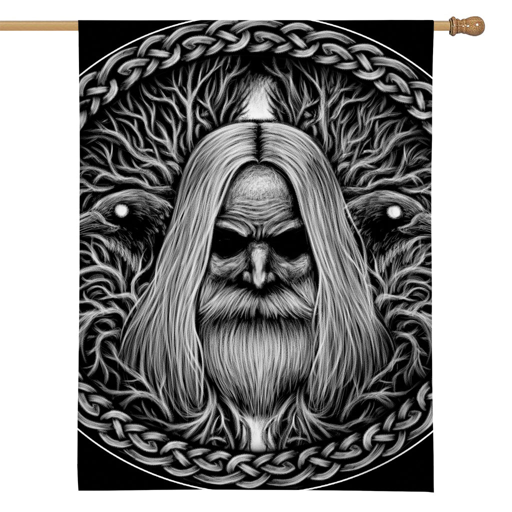 Black And White Odin With Crows Print House Flag