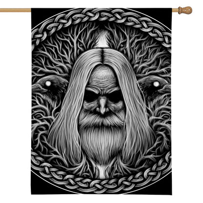 Black And White Odin With Crows Print House Flag
