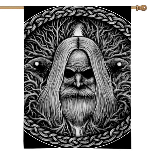 Black And White Odin With Crows Print House Flag