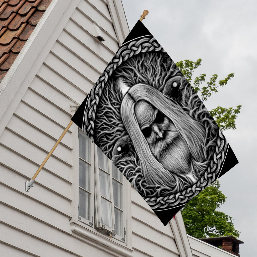 Black And White Odin With Crows Print House Flag