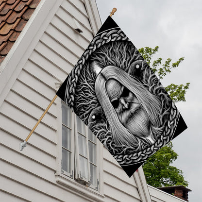 Black And White Odin With Crows Print House Flag