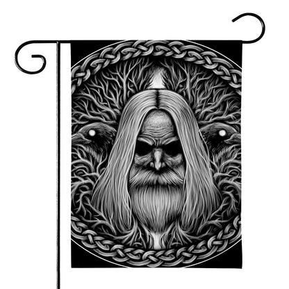 Black And White Odin With Crows Print House Flag