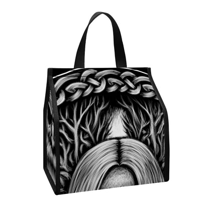 Black And White Odin With Crows Print Insulated Lunch Tote