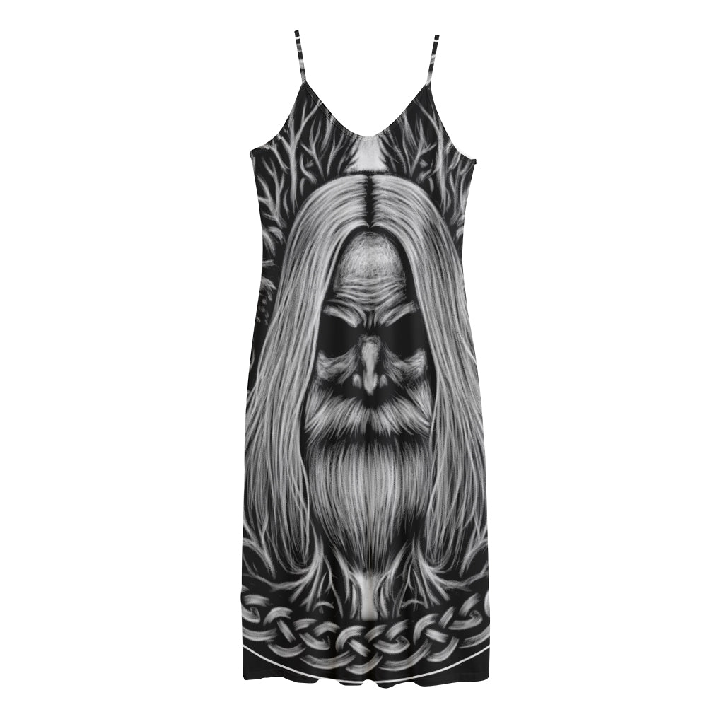 Black And White Odin With Crows Print Jersey Midi Cami Dress