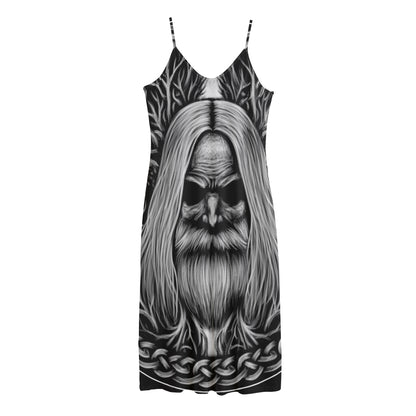 Black And White Odin With Crows Print Jersey Midi Cami Dress
