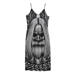 Black And White Odin With Crows Print Jersey Midi Cami Dress