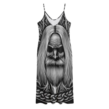 Black And White Odin With Crows Print Jersey Midi Cami Dress
