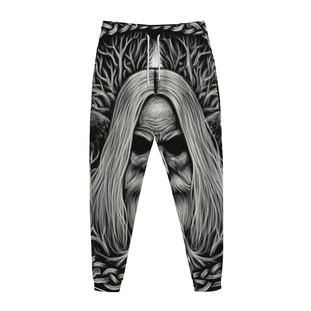 Black And White Odin With Crows Print Jogger Pants