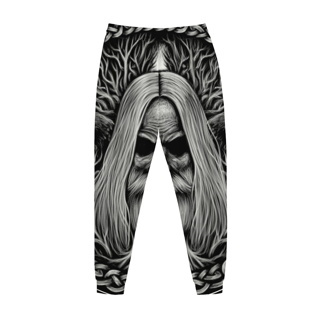 Black And White Odin With Crows Print Jogger Pants