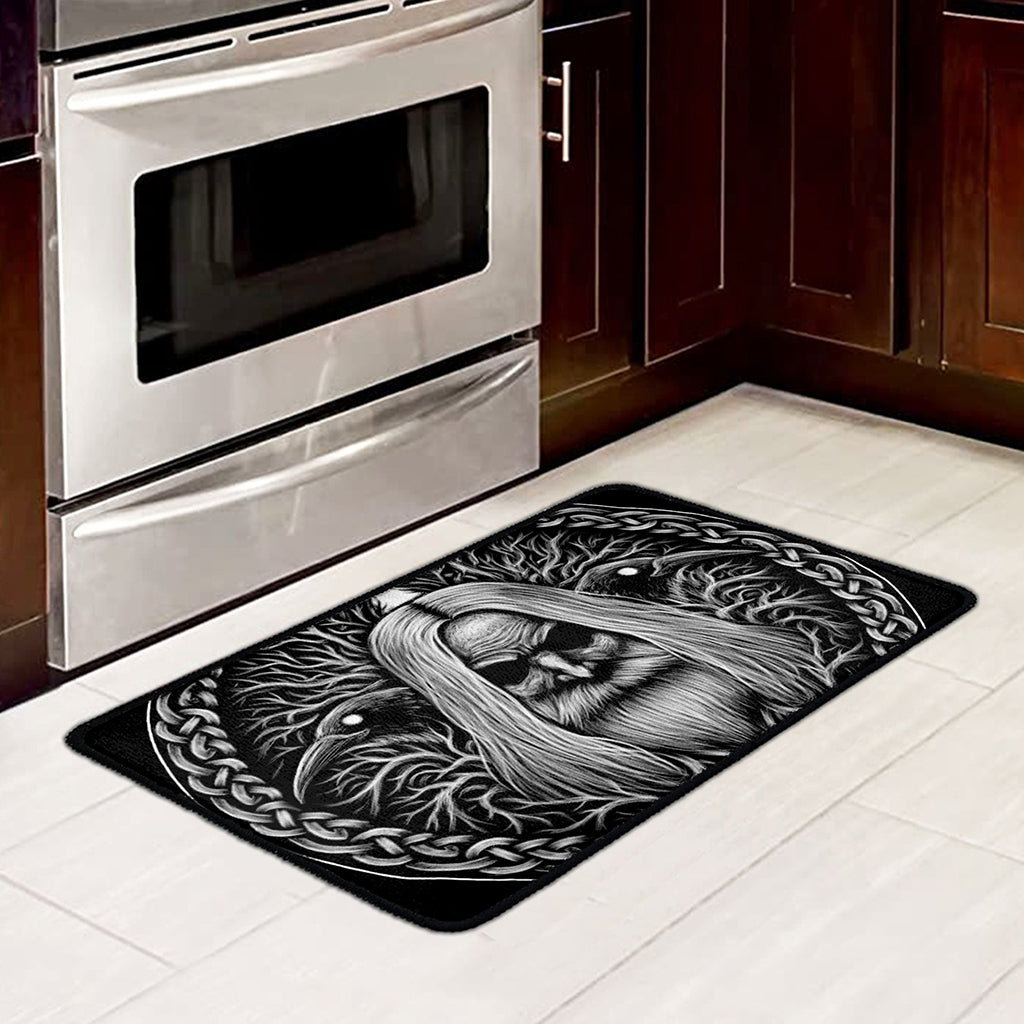 Black And White Odin With Crows Print Kitchen Mat