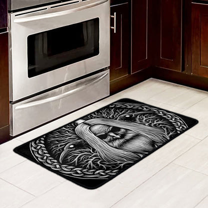 Black And White Odin With Crows Print Kitchen Mat