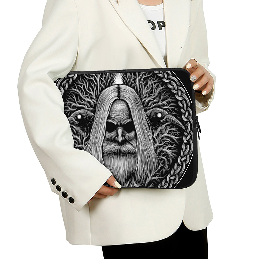 Black And White Odin With Crows Print Laptop Sleeve