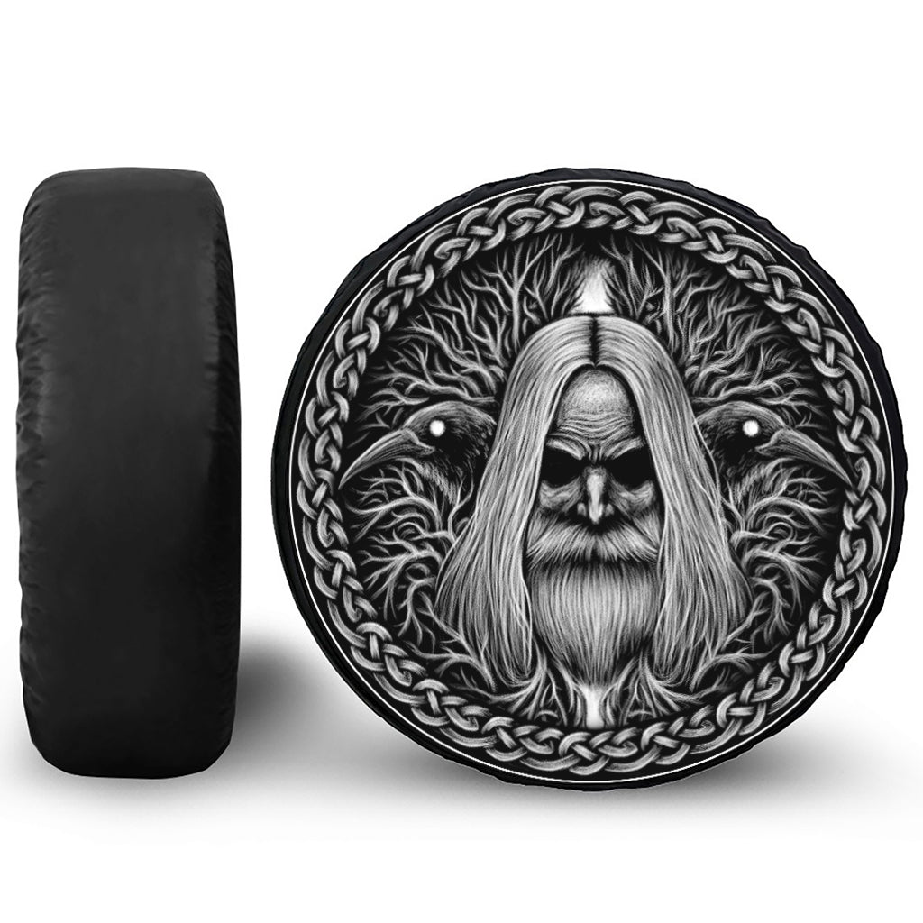 Black And White Odin With Crows Print Leather Spare Tire Cover