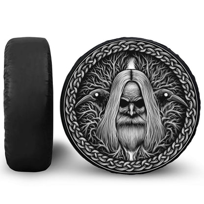 Black And White Odin With Crows Print Leather Spare Tire Cover