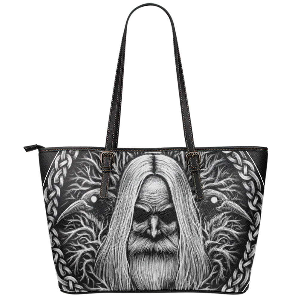 Black And White Odin With Crows Print Leather Tote Bag