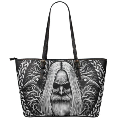 Black And White Odin With Crows Print Leather Tote Bag