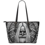 Black And White Odin With Crows Print Leather Tote Bag