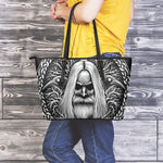 Black And White Odin With Crows Print Leather Tote Bag
