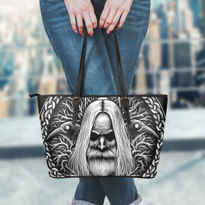 Black And White Odin With Crows Print Leather Tote Bag