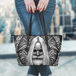 Black And White Odin With Crows Print Leather Tote Bag