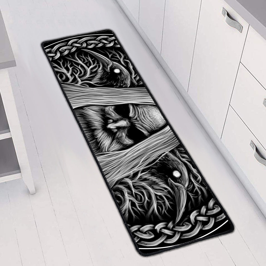Black And White Odin With Crows Print Long Kitchen Mat