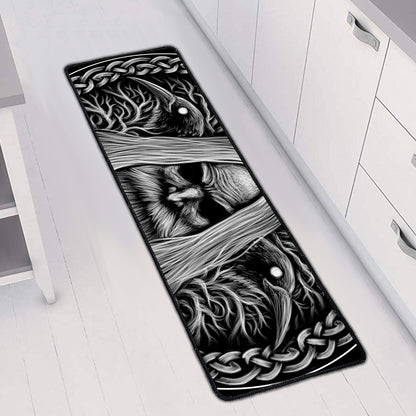 Black And White Odin With Crows Print Long Kitchen Mat