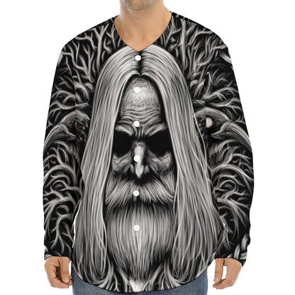 Black And White Odin With Crows Print Long Sleeve Baseball Jersey