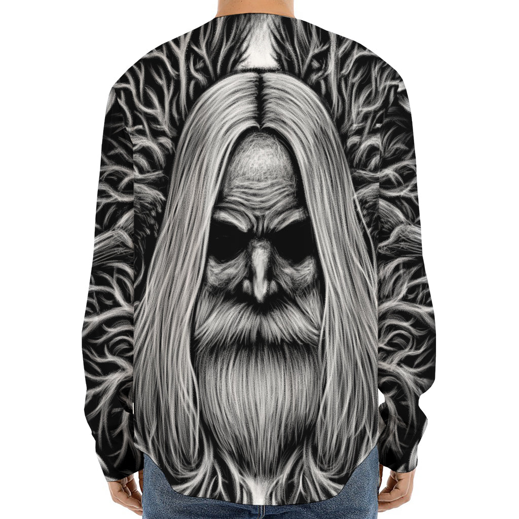Black And White Odin With Crows Print Long Sleeve Baseball Jersey