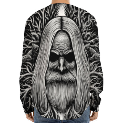 Black And White Odin With Crows Print Long Sleeve Baseball Jersey