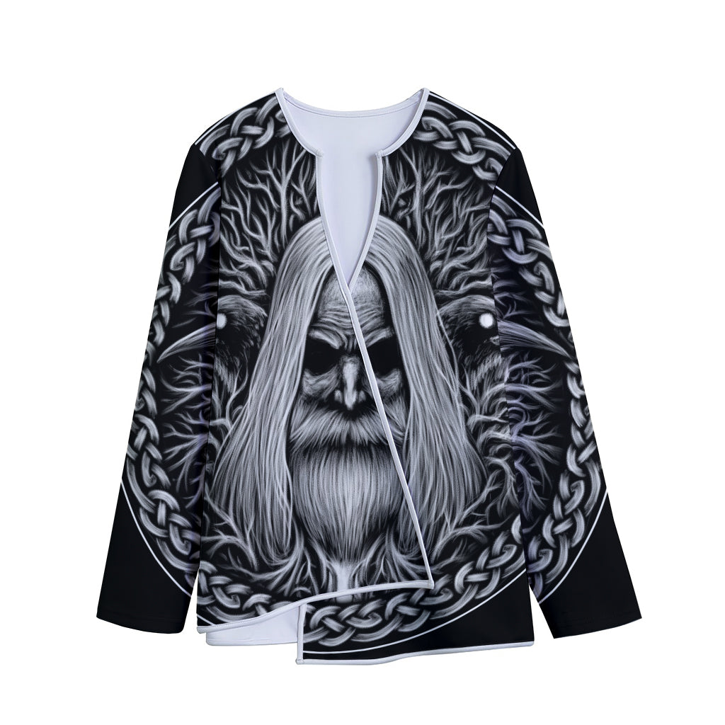 Black And White Odin With Crows Print Long Sleeve Short Coat