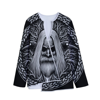 Black And White Odin With Crows Print Long Sleeve Short Coat