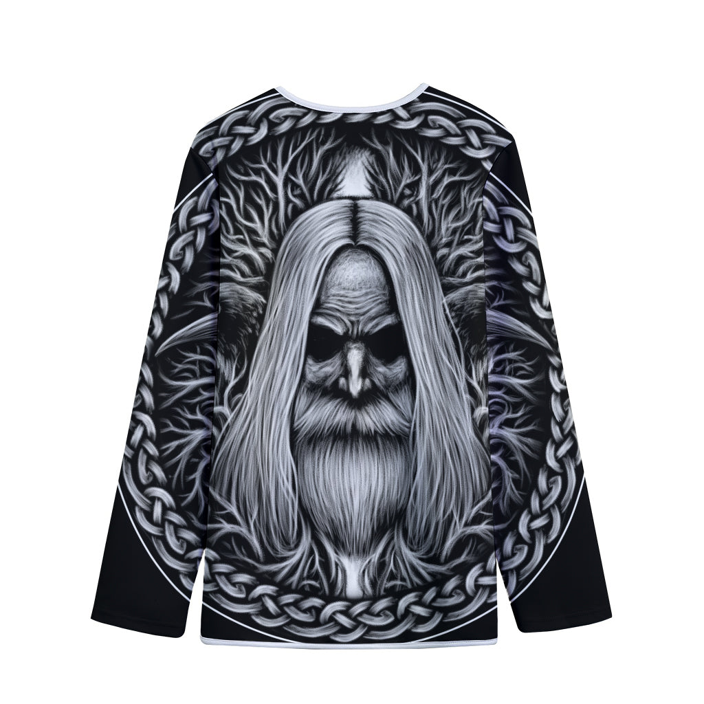 Black And White Odin With Crows Print Long Sleeve Short Coat