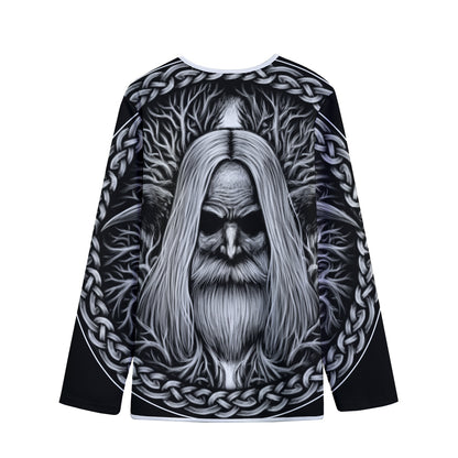 Black And White Odin With Crows Print Long Sleeve Short Coat