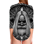 Black And White Odin With Crows Print Long Sleeve Swimsuit
