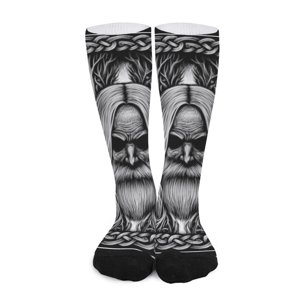 Black And White Odin With Crows Print Long Socks