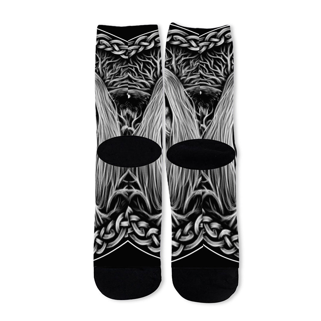 Black And White Odin With Crows Print Long Socks