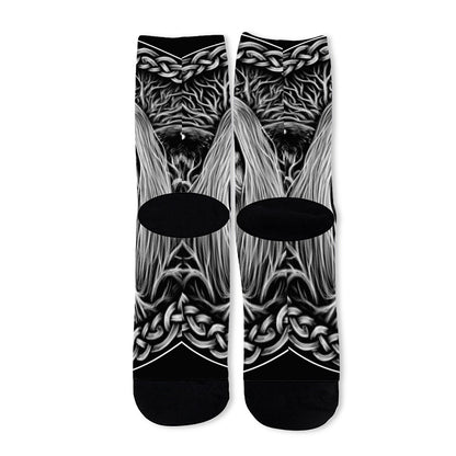Black And White Odin With Crows Print Long Socks