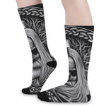 Black And White Odin With Crows Print Long Socks