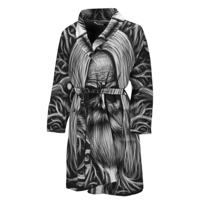 Black And White Odin With Crows Print Men's Bathrobe