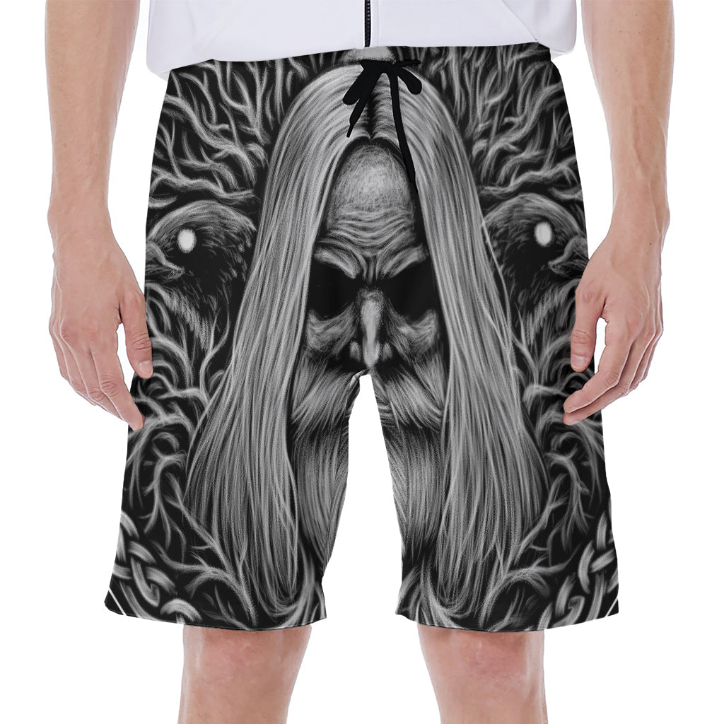 Black And White Odin With Crows Print Men's Beach Shorts
