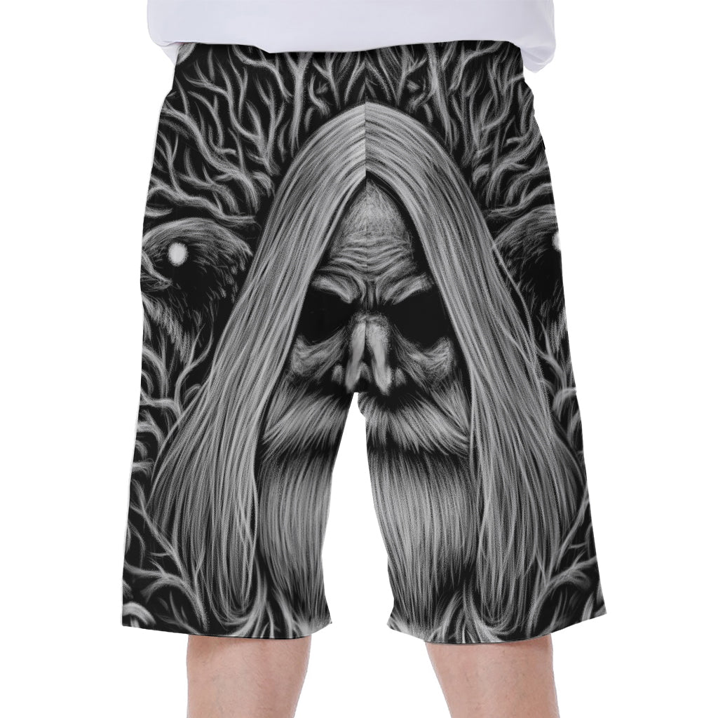 Black And White Odin With Crows Print Men's Beach Shorts