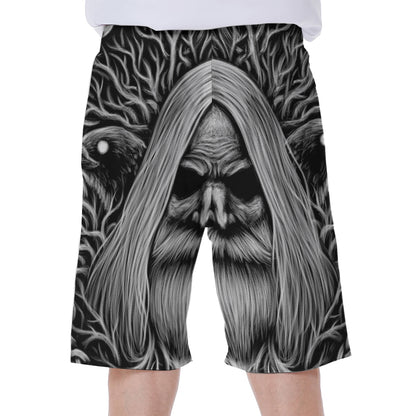 Black And White Odin With Crows Print Men's Beach Shorts