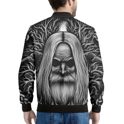 Black And White Odin With Crows Print Men's Bomber Jacket