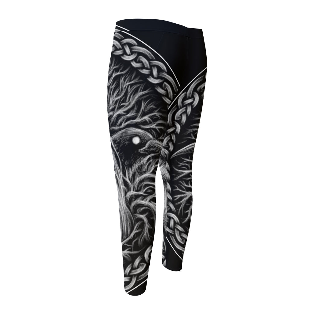 Black And White Odin With Crows Print Men's Compression Pants